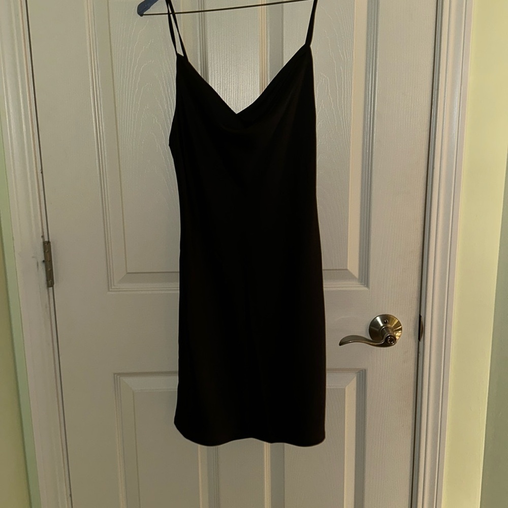 Black cowl neck satin dress